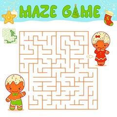Christmas Maze puzzle game for children. Maze or labyrinth game with Christmas Gingerbread man.
