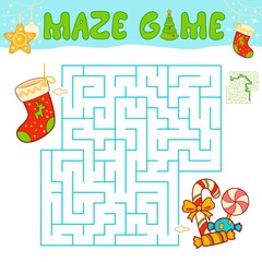 Christmas Maze puzzle game for children. Maze or labyrinth game with Christmas Sock.