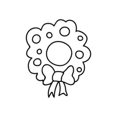 Single hand drawn Christmas wreath. Vector illustration in doodles style. Isolated on white background.