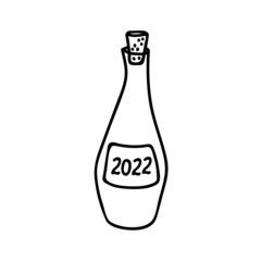 Single hand drawn bottle of champagne. Vector illustration in doodles style. Isolated on white background.