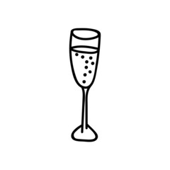 Single hand drawn glass of champagne. Vector illustration in doodles style. Isolated on white background.