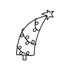 Single hand drawn Christmas tree with a garland. Vector illustration in doodles style. Isolated on white background.