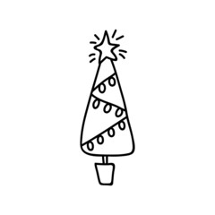 Single hand drawn Christmas tree with a garland. Vector illustration in doodles style. Isolated on white background.