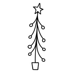 Single hand drawn Christmas tree with a garland. Vector illustration in doodles style. Isolated on white background.