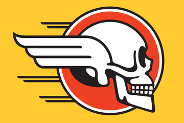 Flying skull circular badge design with wings and speed lines. Vector illustration of human skull with wings in profile view symbolizing speed and movement.