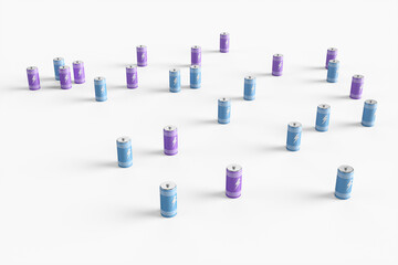 Obraz premium Large group of batteries on a white background. 3d render illustration.