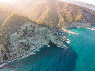 Breathtaking aerial scenery over the rocky beach of Mavraki in Skopelos island, Greece. Sporades,...