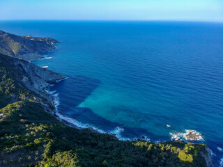 Fototapeta premium Breathtaking aerial scenery over the rocky beach of Mavraki in Skopelos island, Greece. Sporades, Greece