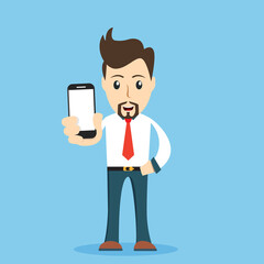 Businessman showing the smartphone cartoon vector illustration. Man holding a phone cartoon