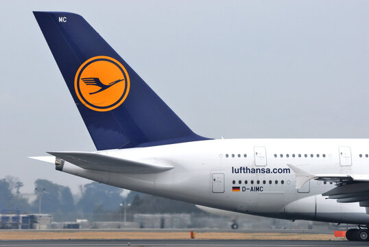 Chiba, Japan - December 30, 2010:Lufthansa Airbus A380-800 (D-AIMC) vertical fin.