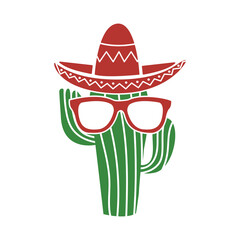 Cool cactus mascot with sombrero hat and glasses on white background cartoon vector illustration