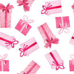 Watercolor seamless pattern with pink red gifts presents. Birthday party christmas new year decoration celebration design. Cute boxes bows ribbons print for wrapping paper textile.