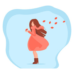 A girl in an orange dress and autumn leaves. Vector illustration in a flat style.