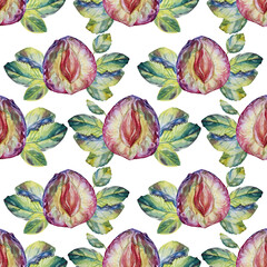 Seamless pattern watercolor purple fruit plum slice with seed and green leaves on white background. Hand drawn clipart autumn summer sweet food. Creative element for menu, wallpaper, cafe, sketchbook