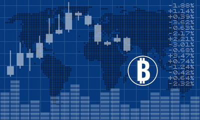 bitcoin crypto currency graphs and indicators, vector illustration with world map background