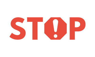 stop red message with exclamation point in octagonal road sign, flat vector illustration