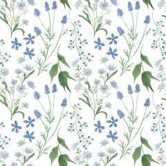 Watercolor painting seamless pattern with blue silk flowers on white background