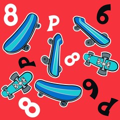 Illustration skateboard with numbers and red background kids fashion design pattern