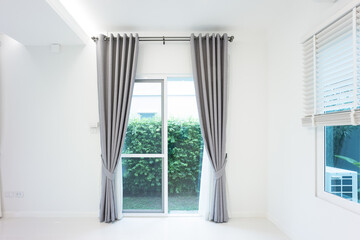 White empty space or room with ceramic tile floor in perspective, curtain blind, window and ceiling...
