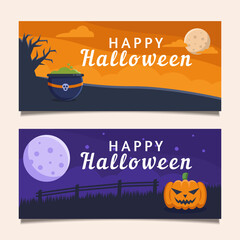Happy Halloween banner template with scary night and pumpkin or jack o lantern illustration