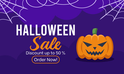 Purple flat Halloween sale banner with pumpkin
