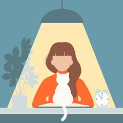 A girl and a cat are reading a book late at night. Vector illustration in a flat style. Cartoon characters of a person and a pet. The illustration is suitable for a poster, postcard, cover.