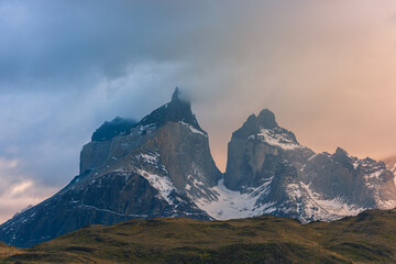The Torres del Paine National Park sunset view. Torres del Paine is a national park encompassing mountains, glaciers, lakes, and rivers in southern Patagonia, Chile.