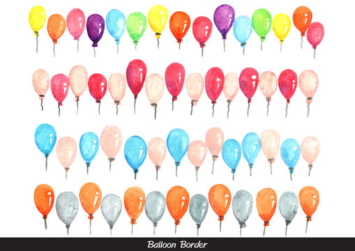Colorful balloon party border watercolor for decoration on Birthday, wedding and Halloween theme.