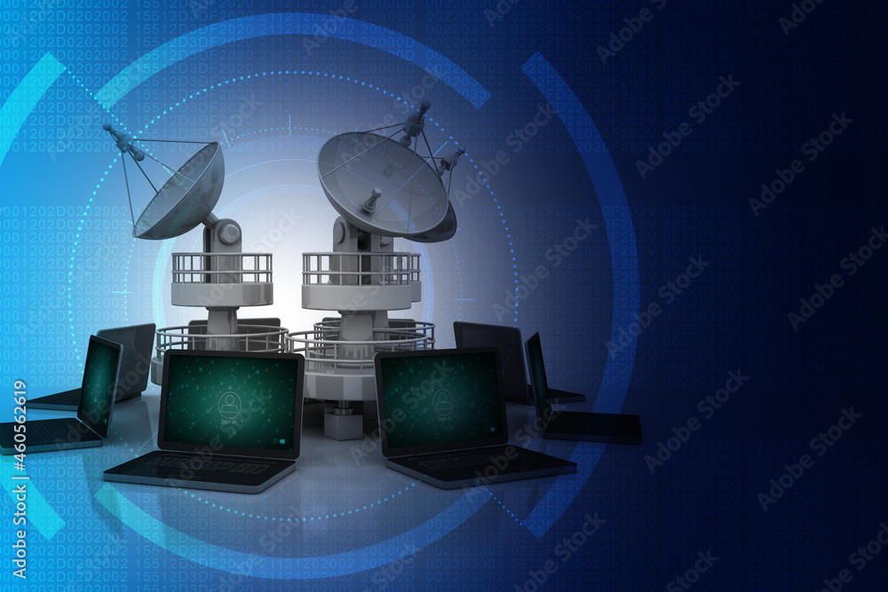Poster 3d rendering Computer network with Satellite
