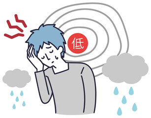 低気圧　頭痛　男性　シンプルイラスト