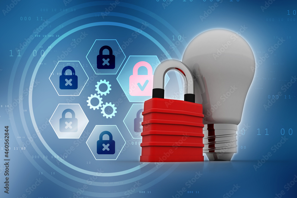 Poster 3d rendering led white lightbulb protected lock