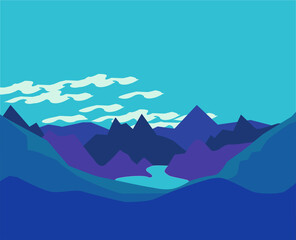 Fototapeta na wymiar Mountain Lake. Clouds over the mountains. Mountain landscape with blue sky with clouds. Vector illustration.