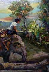  Art painting Oil color Elephant family Thai land , countryside 
