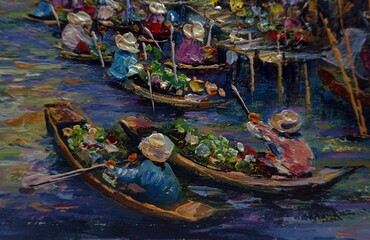   Art painting Oil color Floating market Thai land , countryside  