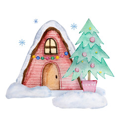 Naklejka premium Watercolor christmas illustration with house and christmas tree