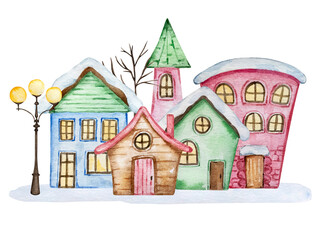 Watercolor christmas illustration with house and lanterns