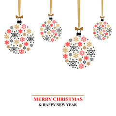 Christmas card with hanging snowflakes baubles