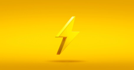 Icon of energy thunder lightning bolt symbol or electricity power electric sign on illustration yellow graphic 3d element design background with innovation electrical light logo technology concept.