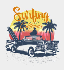 California typography for t-shirt print with surf,beach and retro сar.Vintage poster.