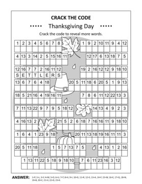 Thanksgiving Day crack the code word game, or codebreaker word puzzle (US version). Answer included.
