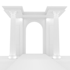 Stage design style Roman have two windows, floor raised floor 3 levels and two roman pillars. 3D model is white. 3D render, 3D rendering
