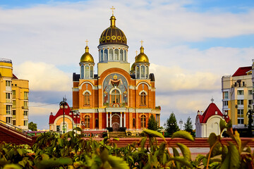 The modern Cathedral of Intercession of the Mother of God, in the Obolon district of Kiev, Ukraine, near the Dnieper river, on sunny day