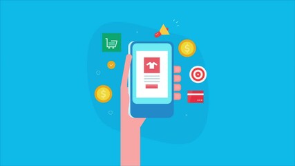 Hand holding mobile, fashion app on screen, displaying sponsored advertising media content on smartphone, mobile ads and ecommerce app concept. 2d animation 4k video clip.