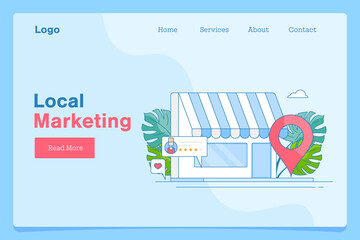 Small business local shop digital marketing, seo optimization, search engine map listing, finding local shop near concept. Outline style web banner template.