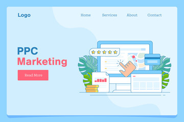 PPC marketing campaign, website traffic growth, hand clicking ads on search engine page, money spending on digital advertising credit card concept. Outline style vector illustration, web banner.