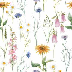 Beautiful vector seamless floral pattern with hand drawn watercolor gentle wild field flowers cornflower. Stock illuistration.