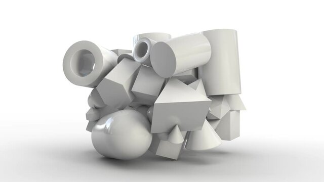 Loop 3d animation of an abstract array of geometric shapes periodically turning into spheres. Abstract geometric 3d background, a set of primitives, the idea of diversity and unity.
