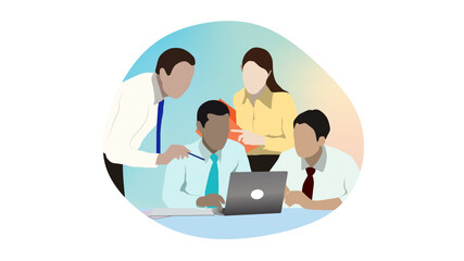 Flat design. Business coworkers discussing new ideas over laptop.