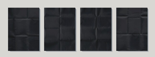 Set of crumpled black paper texture. Abstract dark backgrounds collection with wrinkled cardboard texture. Vector illustration of a realistic origami page card folded and then unfolded sheet of paper.