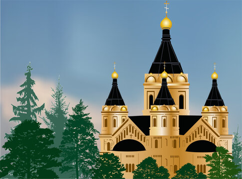 gold orthodox charch in green forest